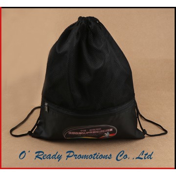 Black Drawstring Backpack with Mesh Zipper Pocket